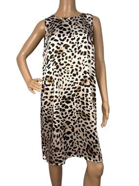 LOFT Outlet Leopard Print Satin Shift Dress Womens Large Beige Black Sleeveless